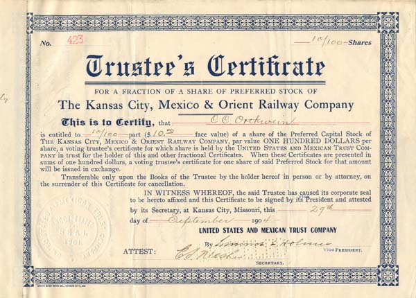 Kansas City, Mexico and Orient Railway Co. - Trustee's Certificate